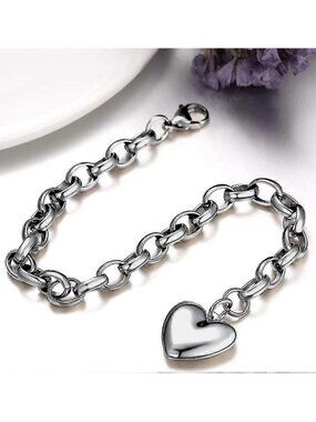 Bracelet Heart Charm Pendant Silver Stainless Steel Round Cable Link 8 Inch